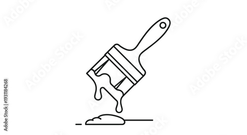 Angled paintbrush dripping a single drop of paint onto a small pile on a flat surface in a clean minimalist line-art style.