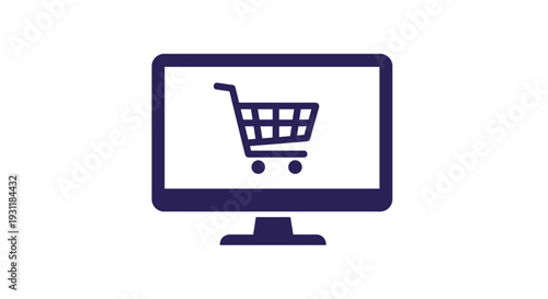 Monitor screen displaying a shopping cart icon representing online shopping, e-commerce, and digital retail services.