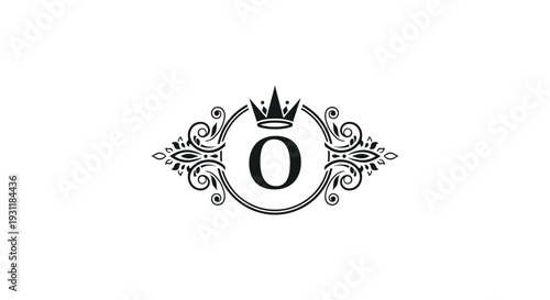 Sophisticated monogram logo featuring the capital letter O inside an ornate decorative frame topped with a crown.