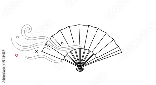 Traditional folding fan illustration shown open with stylized wind or air movement lines for a cooling effect.