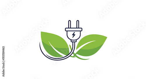 Environmental icon showing an electric plug with a lightning symbol integrated into two green leaves for green energy.