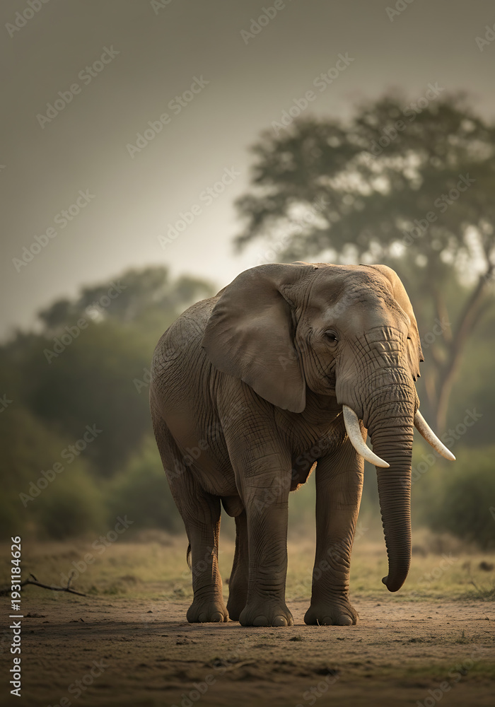 Obraz premium A majestic African elephant with grand tusks stands powerfully on sun-kissed plains, bathed in the warm, golden glow of dawn or dusk, capturing the untamed beauty of its wild habitat
