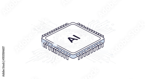 Isometric illustration of a computer microchip or processor with the letters AI representing modern artificial intelligence and data science.