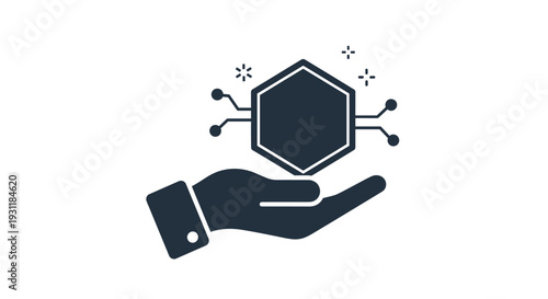 Hand holding a hexagonal circuit logo with stars representing technology, security, innovation, and digital power.