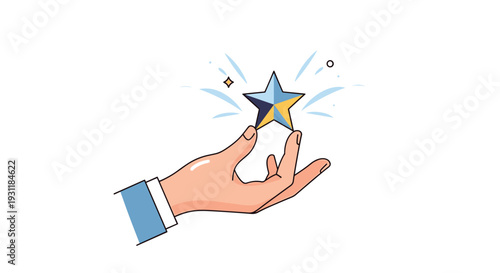Hand reaching out to touch or hold a shining star representing success, achievement, and reaching for goals.