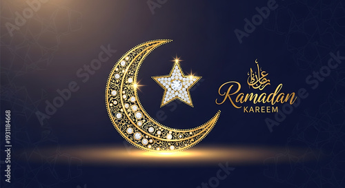 Elegant Ramadan Kareem greeting with golden crescent and star