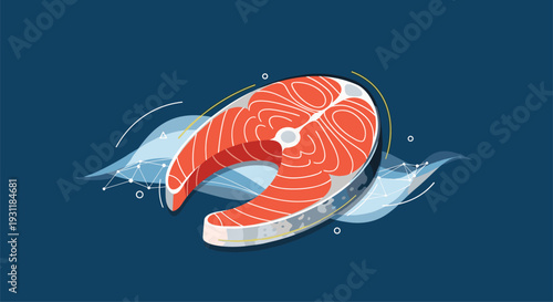 Detailed illustration of a raw salmon steak slice against a dark blue background with abstract water patterns.
