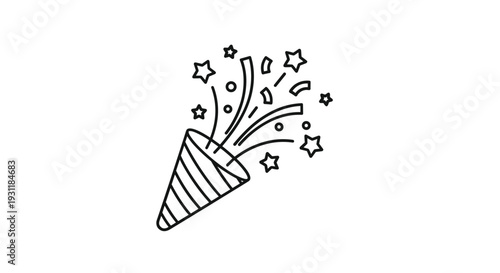 Party popper icon shown with exploding stars and confetti to signify celebration, joy, and festive occasions.