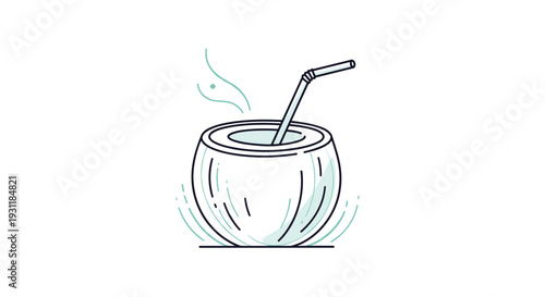 Refreshing coconut drink icon featuring a shell and a straw with decorative motion lines presented in a light blue and white color scheme.