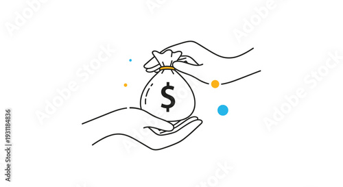 Financial transaction concept showing one hand passing a money bag with a dollar sign to another person in a stylized line art style.