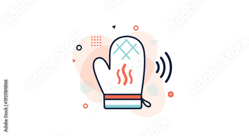 Oven mitt icon with heat waves and colorful abstract shapes signifying cooking, baking, and kitchen safety in a modern graphic style.