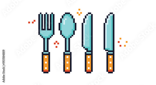 Cutlery set in pixel art style featuring a fork, spoon, and two knives with orange handles for a retro gaming or digital design theme.