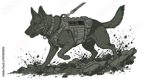 German Shepherd dog in tactical vest walking on rocky ground
