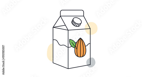Plant based milk alternative illustration featuring an almond on a milk carton for vegan or non-dairy beverage branding concepts.