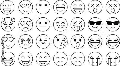 Set of outline emoji icons featuring various facial expressions including happy, sad, laughing, heart eyes, cool sunglasses, crying, and surprised faces.
