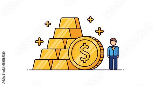 Rich businessman standing next to a large stack of gold bars and a giant gold dollar coin, representing wealth and prosperity.