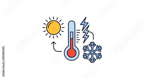 Weather and climate control concept showing a thermometer with sun, snowflake, and lightning icons for temperature fluctuations.