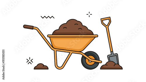 Yellow wheelbarrow filled with dark brown soil parked next to a grey shovel in the ground, representing garden or site work.