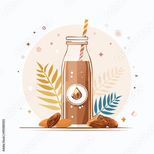Healthy plant-based almond milk beverage in a stylish bottle with a straw, featuring natural almonds and decorative foliage, ideal for a refreshing vegan lifestyle illustration