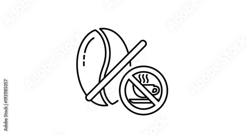 Decaffeinated coffee concept showing a coffee bean and a coffee cup with a prohibition sign indicating various caffeine-free options.