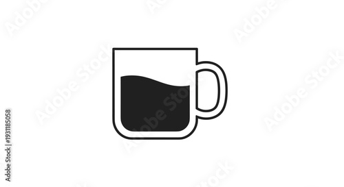 Minimalist mug icon filled with a dark liquid representing a cup of coffee, tea, or any hot beverage in a simple outline style.