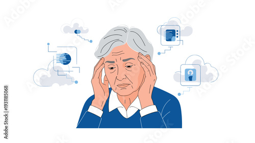 Elderly woman holding her head in distress surrounded by digital cloud icons, representing memory loss or information confusion.