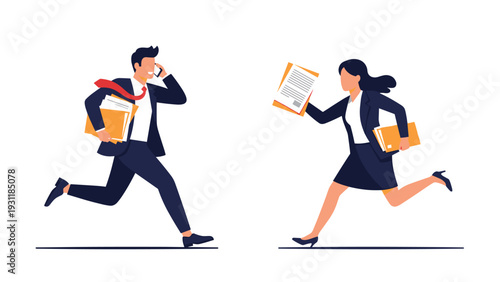 Busy businessman and businesswoman running in opposite directions with documents and folders, depicting a fast-paced office life.