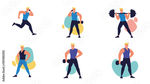 Collection of male character poses for various fitness activities including running, weightlifting, and working out with dumbbells.