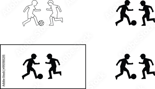 Two soccer players playing football silhouette vector icon set with outline and solid versions for sports competition and athletic design.