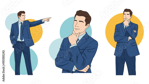 Businessman in a blue suit shown in three poses: pointing authoritatively, thinking deeply, and standing in a professional stance.