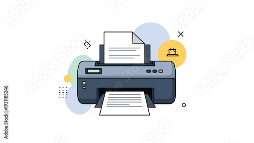 Modern office printer machine shown from a front perspective with a document being printed against a decorative background.