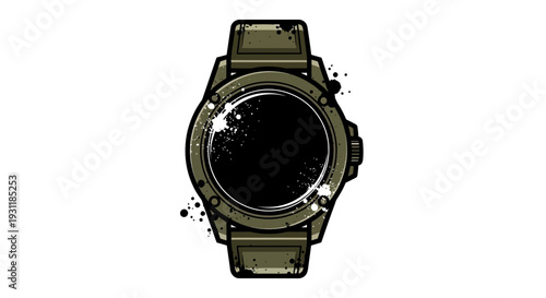 Military Style Wristwatch, Grunge Design, Isolated on White
