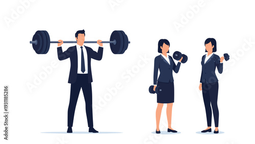 Group of business professionals in formal attire exercising with heavy barbells and dumbbells to represent strength and workplace wellness.