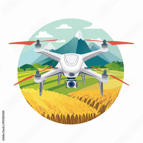 Modern drone flying over golden agricultural fields with mountains and sky in the background