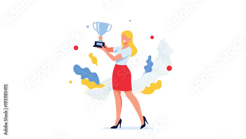 Happy businesswoman in a red skirt and white shirt holding a silver trophy to celebrate a major professional achievement or award.
