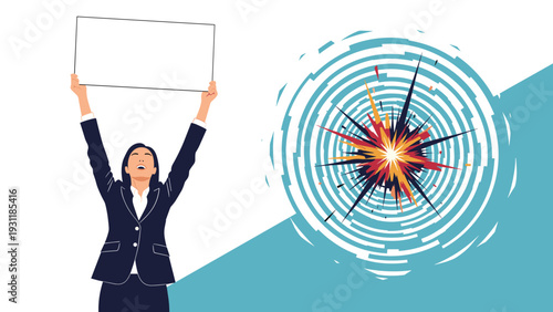 Excited businesswoman holding up a blank white sign next to a colorful abstract explosion graphic symbolizing a successful launch or event.