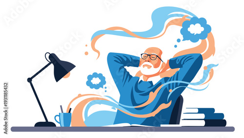 Older man sitting at his desk with eyes closed and hands behind head while colorful smoke-like dream clouds swirl around him.