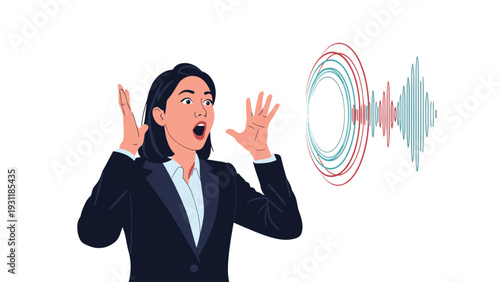 Surprised businesswoman with an open mouth and raised hands reacting to a colorful circular sound wave graphic or voice recognition.