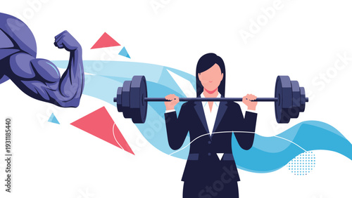 Strong businesswoman lifting a barbell while a large muscular arm silhouette in the background represents inner strength and power.