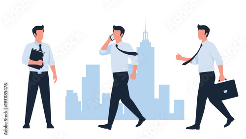 Silhouette of businessmen in white shirts and ties walking in front of a blue city skyline with one person on a mobile phone.