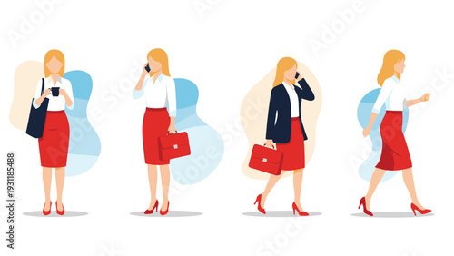 Professional woman in a white blouse and vibrant red skirt shown walking, carrying a briefcase, and talking on her smartphone.