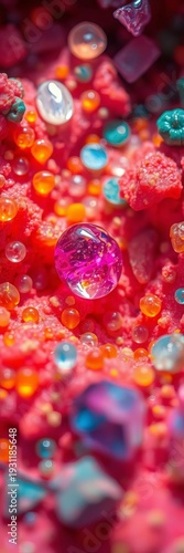 Tiny world discovered from above, vibrant hues explode under a curious gaze, a micro-universe revealed in vivid detail,  science,  vibrant colors