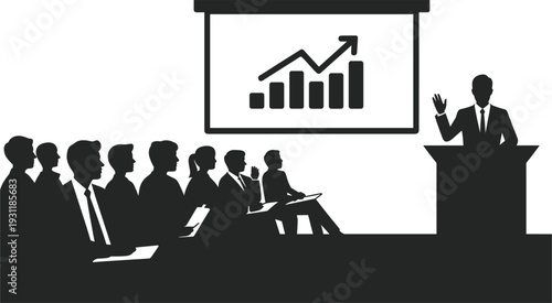 Business Presentation with Speaker and Audience Silhouettes and Growth Chart meeting