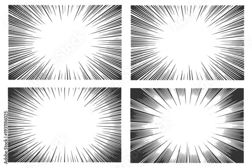 Manga speed lines background for comic effect.Radial zoom lines background in anime style.Black and white explosion ray background.Comic book action lines vector.