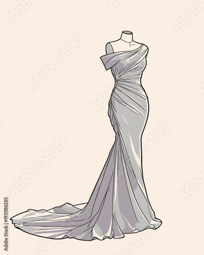 A dress with draped fabric is displayed on a mannequin, showing off its sleek lines and flowing train in a neutral space.