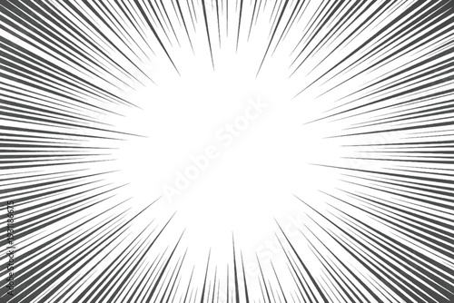 Manga speed lines background for comic effect.Radial zoom lines background in anime style.Black and white explosion ray background.Comic book action lines vector.