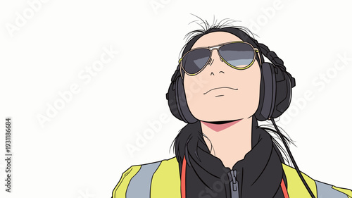 A person stands still wearing headphones and sunglasses on a sunny day. The background is simple, focusing on the subject.