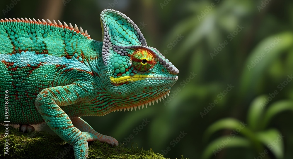 Fototapeta premium A vibrant green chameleon perched on a mossy branch in a lush forest environment.