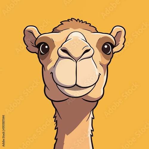A camel looks directly at the viewer with a friendly expression. The background is a bright yellow, highlighting the camel's features.
