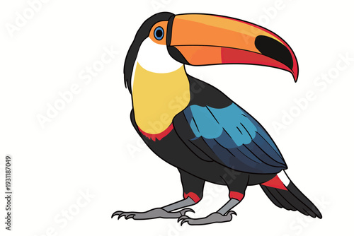 A toucan with a bright beak stands on a branch in its natural habitat. The sun is shining and the scene is lively.